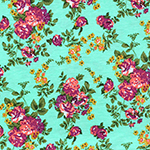 Chartreuse Purple Floral on Aqua Green Cotton Jersey Blend Knit Fabric