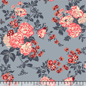 Coral Peach Floral on Slate Grey Cotton Jersey Blend Knit Fabric