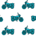 Blue Vintage Motorcycle on White Cotton Jersey Blend Knit Fabric