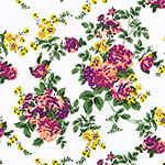 Chartreuse Purple Floral on White Cotton Jersey Blend Knit Fabric