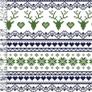 Navy Treetop FairIsle Deer Heart on White Cotton Jersey Blend Knit Fabric