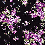 Purple Rose Floral on Black Cotton Jersey Blend Knit Fabric