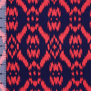 Blue Coral Ikat Cotton Spandex Blend Knit Fabric